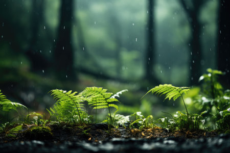 Green ferns in the rainy forest, Generate with Aiの素材