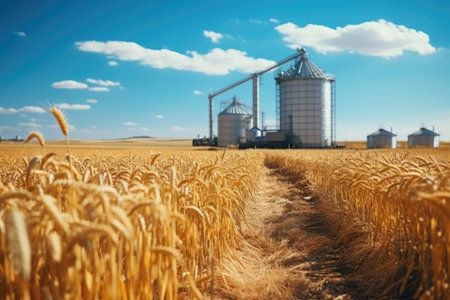 Landscape barley field and industrial silo on background, Generate with Ai.の素材