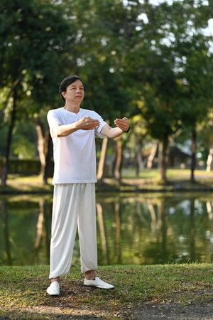 Full length active middle age man practicing Tai Chi in the morning. Health care and wellbeing conceptの写真素材