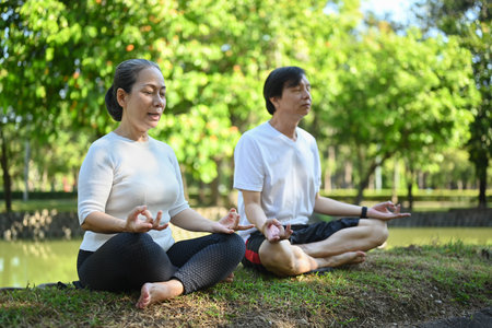 Calm elderly couple practice yoga and breathing exercises on green grass at summer parkの写真素材