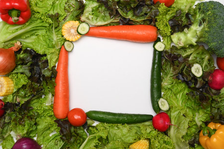 Frame of various vegetables on white background. Healthy food backgroundの写真素材