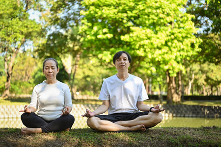 Peaceful middle aged couple sitting in lotus pose on green grass, practicing in summer parkの写真素材
