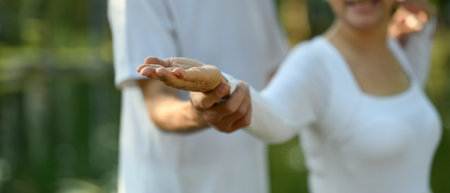 Cropped shot senior couple practicing Tai Chi in the park. Mental health and retired lifestyle concept.の写真素材