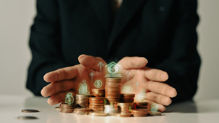 Long term investment, Interest rat and financial growth concept. Stacked coins with arrow pointing...