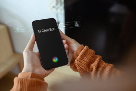Young woman using AI Chat bot in mobile application and giving voice commands. Innovative technology...