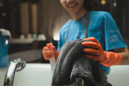 Woman in rubber gloves cleaning bathtub and faucet in a modern bathroom. Cleaning service concept.の写真素材