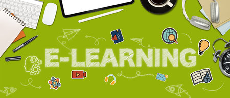 Digital tablet and supplies on orange background with word e-learning. Online education concept.