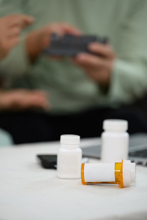 Medicine bottles on table with senior couple sitting on background. healthcare, pharmaceutical concept.の写真素材