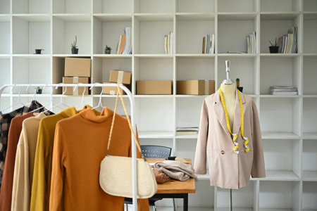Rail with earth tone sweater collection in designer clothes store.の写真素材