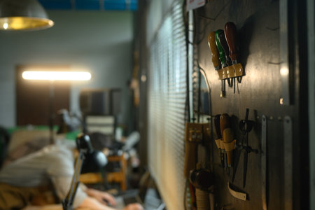 Various tools for homemade leathercraft on workshop wall.の写真素材
