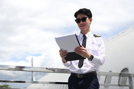 Pilot wearing sunglasses reading paper while standing beside an airplane with cloudy sky on background.の写真素材