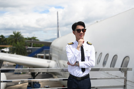 Portrait of male pilot wearing sunglasses standing on a railing next to an airplane.の写真素材