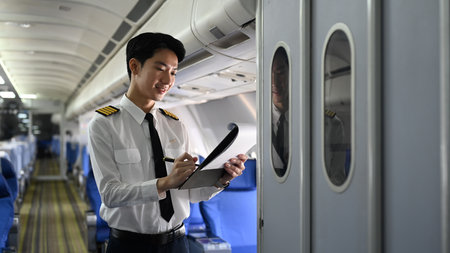 Smiling asian pilot standing inside an airplane, holding clipboard and reviewing or completing some paperwork.の写真素材