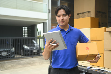 Delivery man holding cardboard box and using mobile phone beside an open truck filled with packages.の写真素材