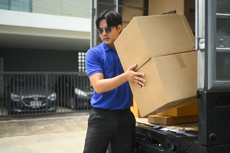 Delivery man in uniform unloading cardboard boxes from from van. Moving service and transportation...