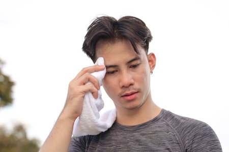Tired young sportsman taking a break from exercising wiping sweat from his face with a white towel.の写真素材