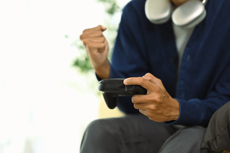 Closeup man playing a game and enjoyment