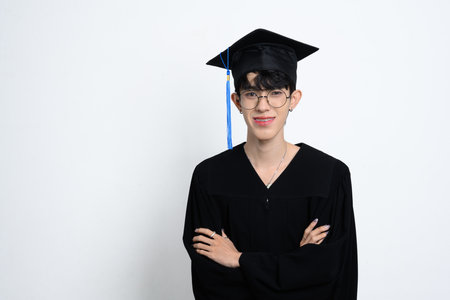Young male graduate in mortarboard and gown standing with crossed arms. Academic achievement concept.の写真素材