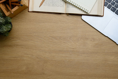 Minimal workspace with laptop, book, pencil holder and potted plant on wooden desk.