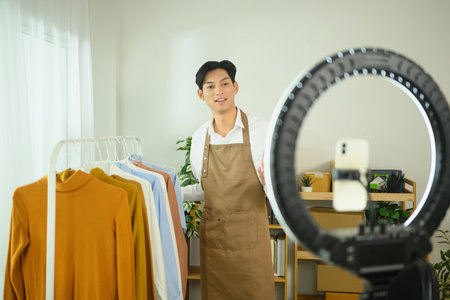 Small business owner wearing an apron presenting his products via a live stream.の写真素材