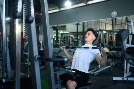 Athletic man working out on a lat pulldown machine in modern gym.の写真素材