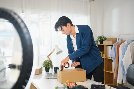 Young entrepreneur packing a product for delivery in his modern home office.の写真素材