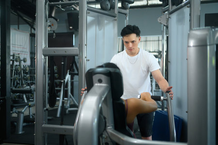 Personal trainer closely assisting a female client during exercise in a modern gym.の写真素材