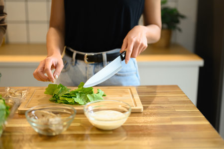 Young woman preparing healthy vegetable salad in minimal kitchen.の写真素材