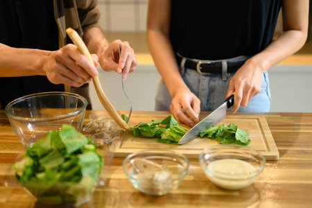 Young couple preparing a healthy homemade salad in the kitchen.の写真素材