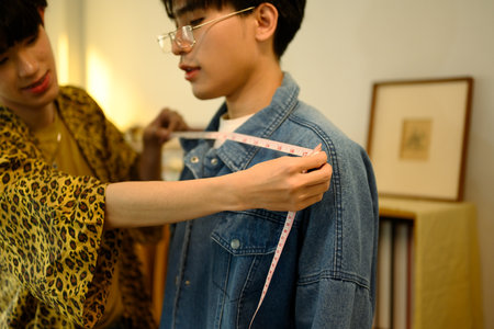 Tailor measuring a client shoulder with measuring tape for custom clothing.の写真素材