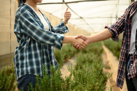 Two farmers shaking hands inside a greenhouse, marking successful deal or cooperation in farming.の写真素材