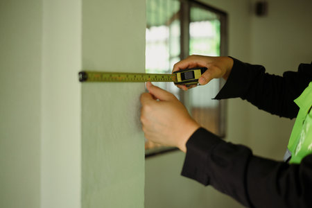 Close up of worker using measuring tape to check wall dimensions at a construction site.
