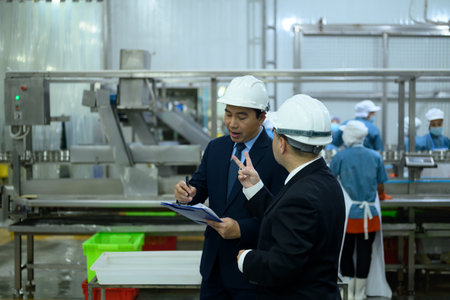 Factory managers in hard hats discussing production plans inside a manufacturing facility.