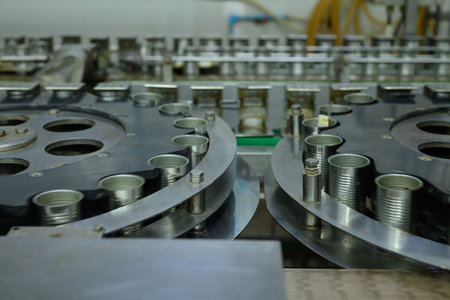 Close up view of an automated conveyor system transporting empty cans at a canning factory.の写真素材