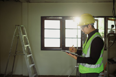 Construction engineer in reflective vest and hard hat inspecting site progress.