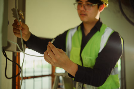 Close up of worker connecting LAN cable during a renovation project.
