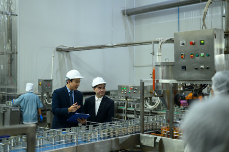 Two factory executives discussing operations inside a food manufacturing facility.の写真素材