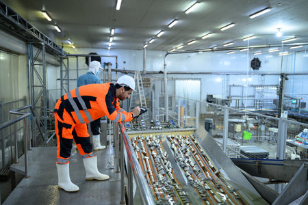 Factory inspector monitoring canned goods moving on a conveyor line in a food processing plant.の写真素材