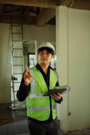 Construction supervisor with digital tablet evaluating project progress in renovation site.の写真素材