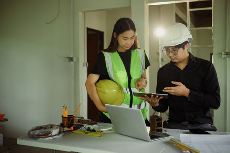 Male and female engineers reviewing construction plans in a renovation workspace.の写真素材