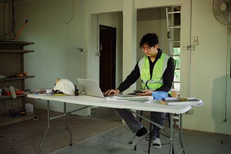 Site supervisor reviewing plans and data in a renovation zone.