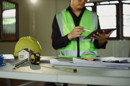 Construction desk with tape measure, safety helmet, blueprints, and drafting tools.の写真素材