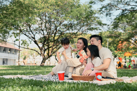 Happy family having a picnic and playing with bubbles together at the park.の写真素材
