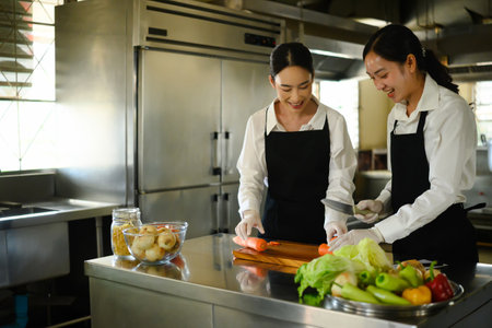 Two female culinary students preparing vegetables during a cooking class in a professional kitchen.の写真素材
