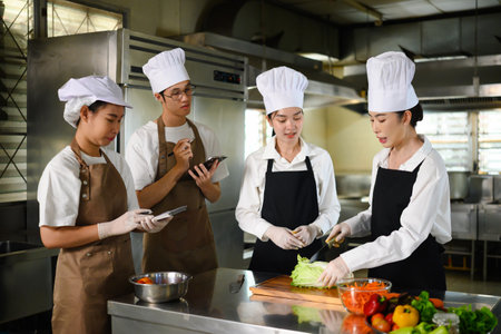 Cooking students attentively watching their teacher demonstrate food preparation techniques.の写真素材