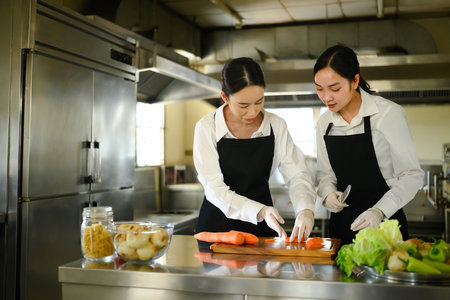 Culinary instructor guiding a student through carrot slicing during a practical cooking class.の写真素材