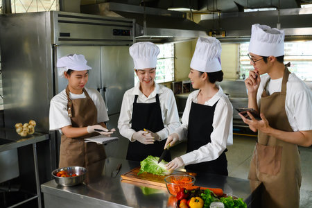 Chef teacher demonstrating vegetable preparation technique in a professional kitchen.の写真素材
