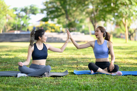 Female friends sitting on yoga mats, giving each other high five after workout in the park.の写真素材