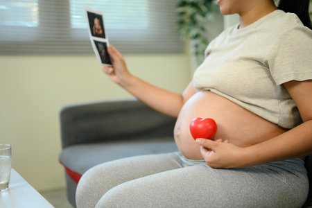 Pregnant woman holding ultrasound and red heart, maternity love and anticipation at home.の写真素材