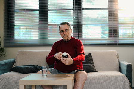 Mature man reviews the instructions on a bottle of pills with a glass of water on the table.の写真素材